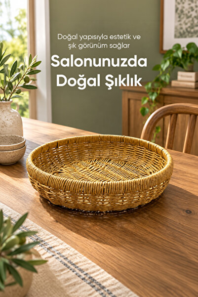 Vienev Yuvarlak Hasır Sepet Dekoratif Örgü Servis Sunum Ekmek Meyve Sepeti 31 cm Doğal Kahverengi Tasarım