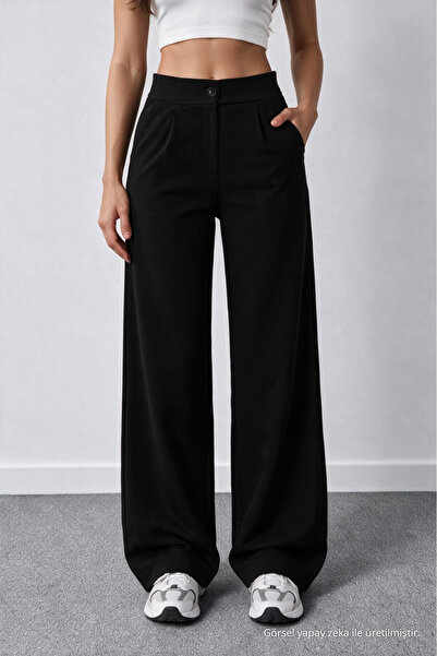 BİKELİFE Women's Black Stretch Fabric Palazzo Loose Wide Leg Trousers
