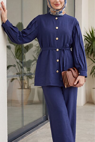 Modamorfo Lena Set with Watermelon Sleeves and Tie-Waist Pants - Dark Blue