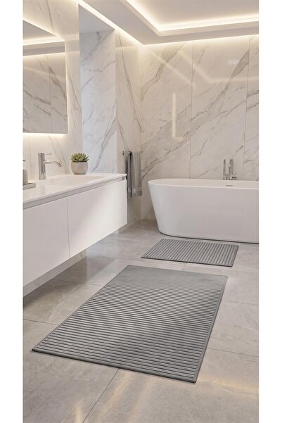 dekozer Lidya Gray Striped 2-Piece Mat Set (60X100+50X60) Non-Slip, Easy to C...