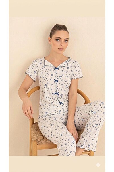 ROYAM Çağrı Kadın %100 Pamuk Raporlu Fitilli Kısa Kollu Önü Düğmeli Pijama Takım