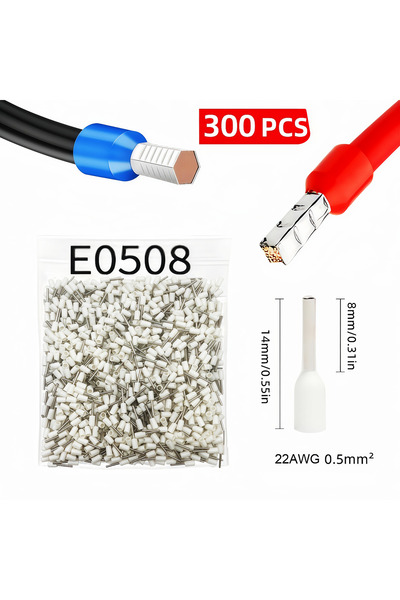 Choice طقم أطراف أسلاك معزولة E0508 22AWG-أبيض 300 قطعة، 8 أحجام من أطراف الأ...