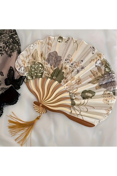 Choice1 golden Vintage Chinese Ink Wash Folding Fan - Floral Tassel Dance Acc...