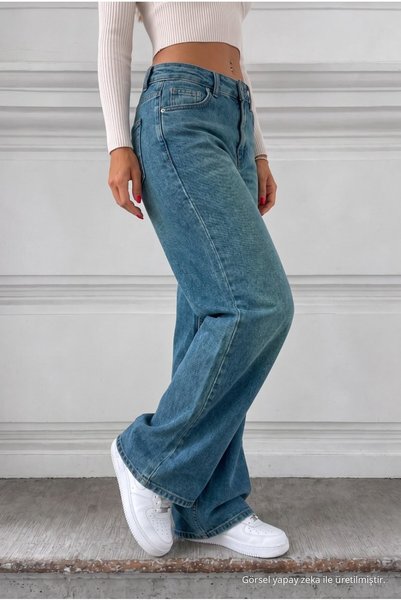 alanora Women's Washed Effect Wide Leg Cut Dark Blue Jean Trousers