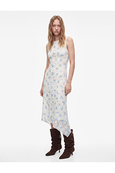 Koton Slim Fit Asymmetrical Cut Crew Neck Sleeveless Midi Floral Lace Dress