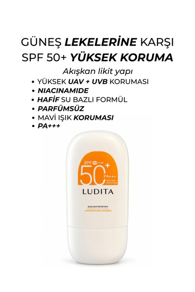 LUDITA SPF 50+ PA++++ Yüksek Korumalı Yüz Güneş Koruyucu Fluid – Hafif Yapılı, UVA/UVB ve Mavi Işık Koruması