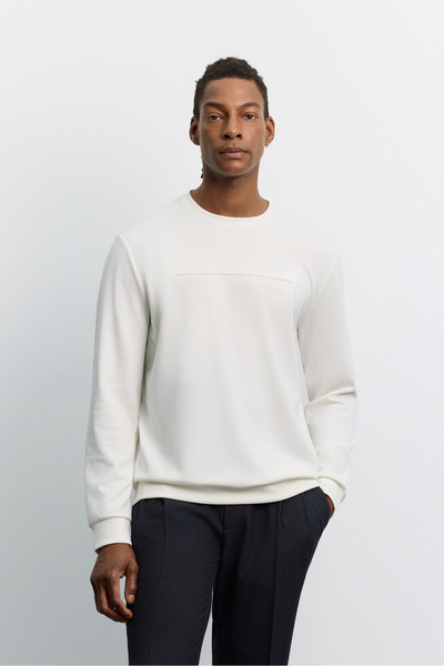 Avva Men's Ecru Crew Neck Seersucker Printed Cupra Sweatshirt A62Y1200
