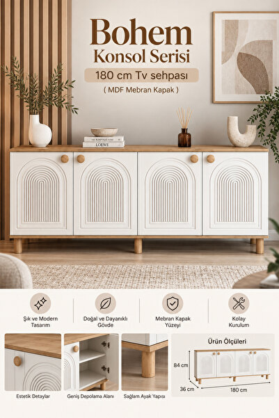 KLT Modüler Bohem Konsol Serisi 180 cm Tv sehpası ( MDF Mebran Kapak ) Bohem ...