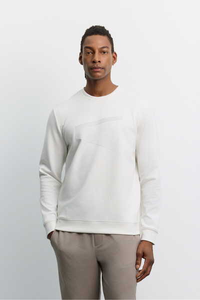 Avva Men's Ecru Crew Neck Printed Interlock Regular Fit Sweatshirt A62Y1284