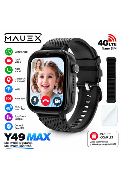 MAUEX Ceas inteligent Y49 MAX pentru copii, 4G GPS, WiFi, LBS, apel video, IP...