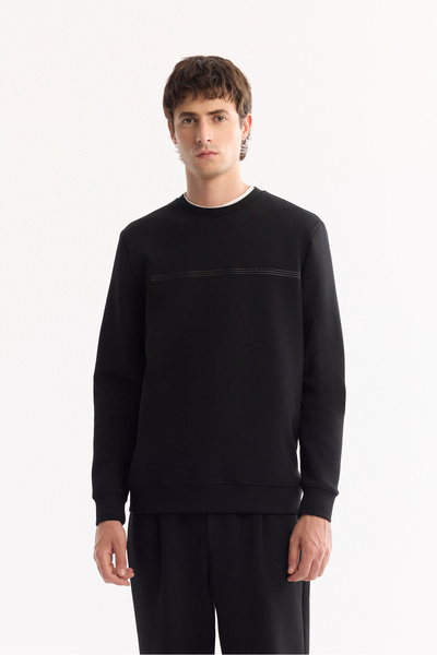 Avva Erkek Siyah Bisiklet Yaka Pamuklu Bi-Stretch Baskılı Regular Fit Sweatsh...