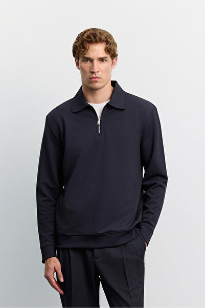 Avva Erkek Lacivert Polo Yaka Fermuarlı Kolay Ütülenen Regular Fit Sweatshirt...