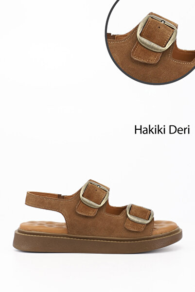 GÖNDERİ(R) Kadın Taba Süet Cırtlı Tokalı Dolgu Taban Hakiki Deri Comfort Sand...