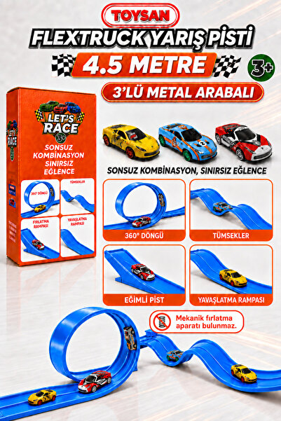 Toysan FLEX TRACK 3 METAL ARABALI Mavi Renk Esnek Yarış-Aksiyon Pisti 4.5 METRE