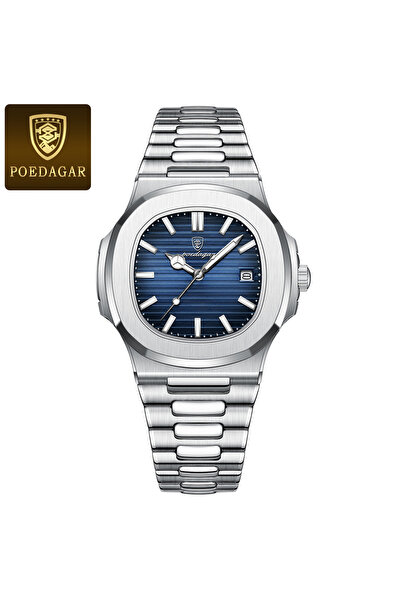 POEDAGAR 613 Silver Blue Fashion Business Man Watch Waterproof Luminous Date ...