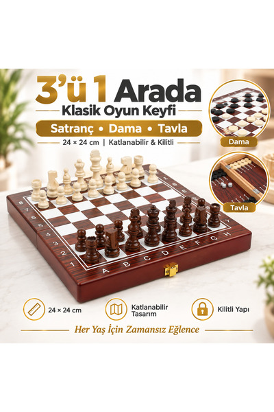 e-life shop Lüks Ahşap 3'ü 1 Arada Satranç Dama Tavla Seti 24x24 cm Katlanabi...