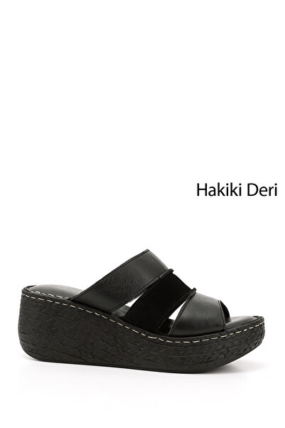 GÖNDERİ(R) Kadın Siyah Hakiki Deri Dolgu Tabanlı Terlik