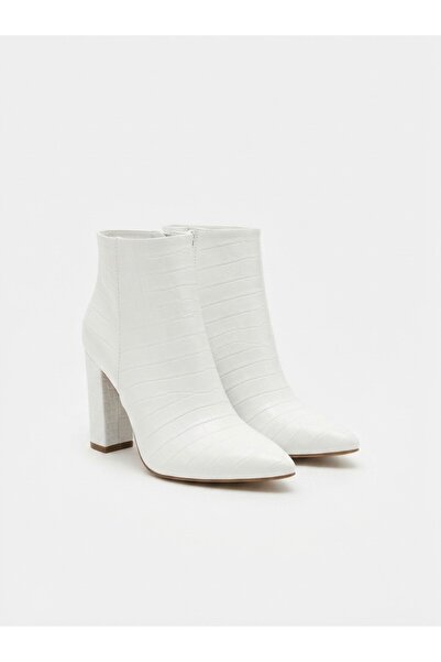 Zerenyus Loora White Patent Leather Patterned Zippered Heeled Boots 10 cm