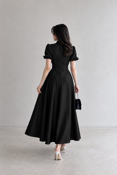 Nika Fashion Nil Black Flared Skirt Short Sleeve Midi Length Satin Evening Dress