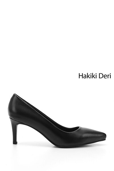 GÖNDERİ(R) Kadın Siyah Platinum Sivri Burun İnce Topuklu Hakiki Deri Stiletto