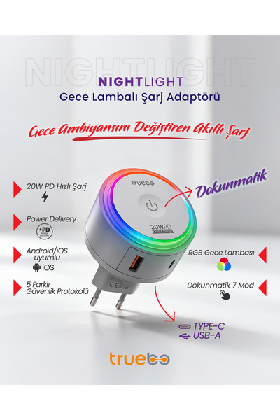 truebo NightLight USB TypeC RGB Gece Lambası Adaptör