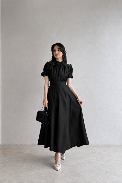 Nika Fashion Nil Siyah Kloş Etek Kısa Kol Midi Boy Saten Abiye Elbise