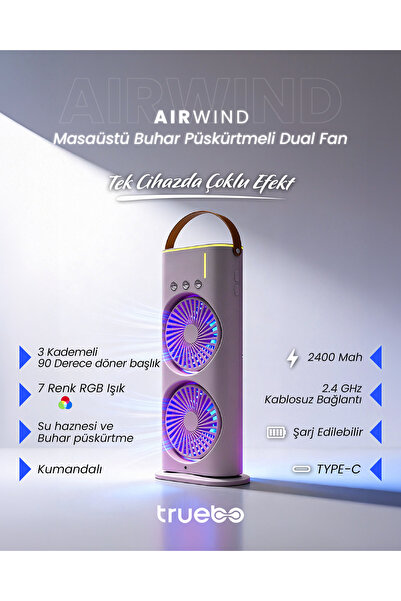truebo AirWind - Masaüstü Buhar Püskürtmeli Taşınabilir Şarjlı Led Işıklı Çif...