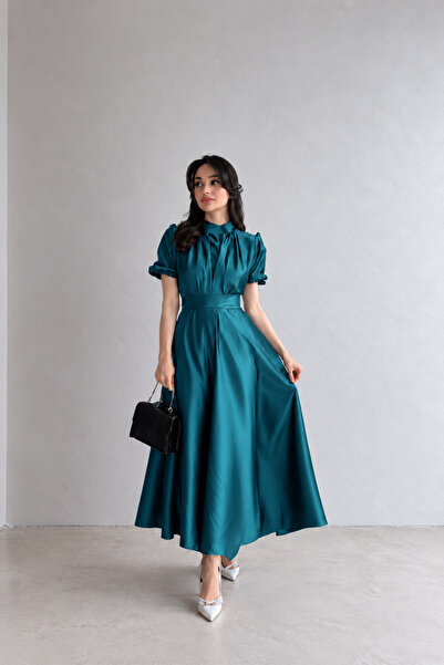 Nika Fashion Βραδινό φόρεμα από σατέν, κοντομάνικο, μίντι μήκους, με φούστα σ...