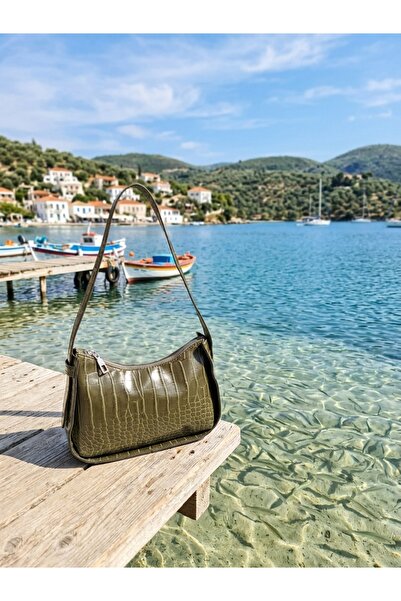YMZBAG Γυναικεία τσάντα μπαγκέτας με σχέδιο κροκόδειλου Χακί Πράσινη