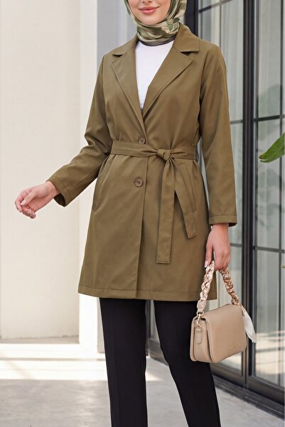 Modamorfo Women's Belted Short Trench Coat 5990 - Khaki