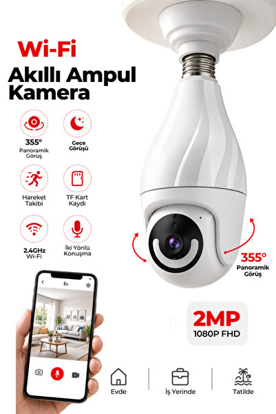 CROW'S TECH Wi-fi 360 Panoramik Ampul Kamera Gece Görüş Ses Akıllı Hareket Al...