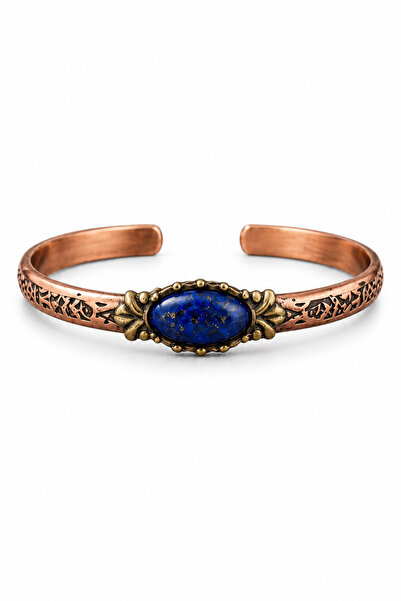 Shinestar atelier Lapis Taşlı Bakır Renk Otantik Kelepçe Bileklik Vintage Boh...