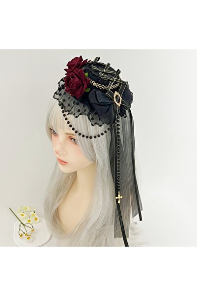 Choice Red Gothic Lolita Black Hat Rose Flower Barrettes Lolita Headdress Lol...