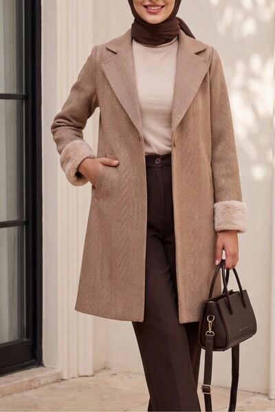 Modamorfo 9085 Herringbone Cashmere Coat - Camel