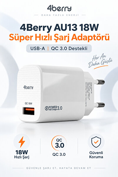 4 Berry 18W Hızlı Şarj Adaptörü USB-A QC 3.0 Telefon Şarj Cihazı
