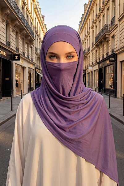 Aisha's Design Boyun Kapatan Peçe Özellikli Penye Boneli Şal,PS-58,Mor 2