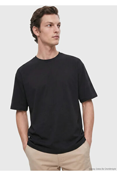 Ramsey Siyah Düz Bisiklet Yaka %100 Pamuk T-Shirt
