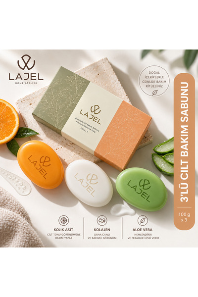 Lajel 3’lü Cilt Bakım Sabunu | Kolajen Kojik Asitli C Vitaminli Aloe Vera Doğ...