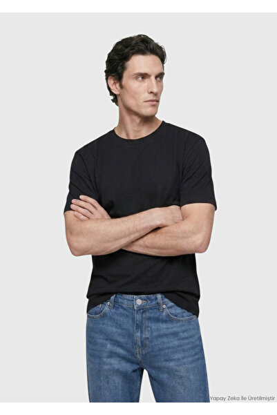 Ramsey Siyah Düz Pamuk Karışımlı T-Shirt