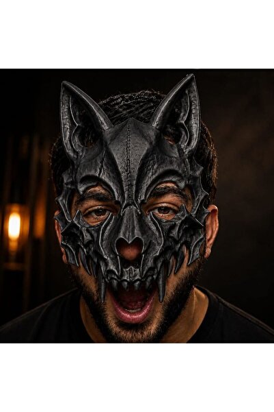 partidolu Halloween Siyah Renk Yarım Yüz Arkadan Lastikli Kurt Kafatası Wolf ...