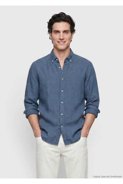 Ramsey Petrol Düz Casual Fit Uzun Dokuma Casual %100 Keten Gömlek