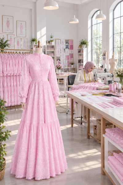 Muslima Wear Rose Dream Inci Düğmeli Pembe Gül Desenli Kadın Elbisesi