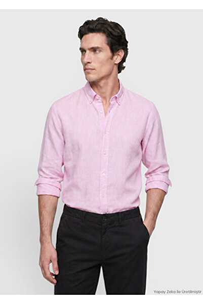 Ramsey Pembe Düz Casual Fit Uzun Dokuma Casual %100 Keten Gömlek