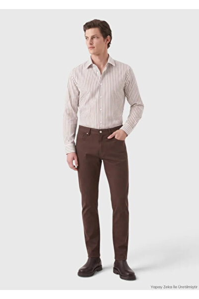 Ramsey Kahverengi Düz Dokuma Regular Fit Casual Yün Karışımlı Pantolon