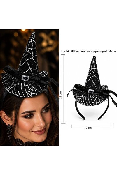 partidolu Halloween Gümüş Renk Ağ Desenli Tüllü Kurdeleli Cadı Şapkası Şeklin...
