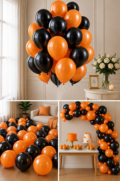 Parti dolabı 25 Metallic Pearlescent (Orange-Black) Mixed Balloons Flying wit...
