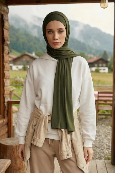 Aisha's Design Penye Boneli Hazır Penye Kapşon Şal İkili Takım,PS-57,Haki
