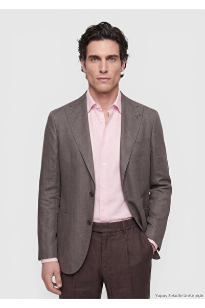 Ramsey Açık Kahve Düz Zeroweight Slim Fit Keten Karışımlı Ceket