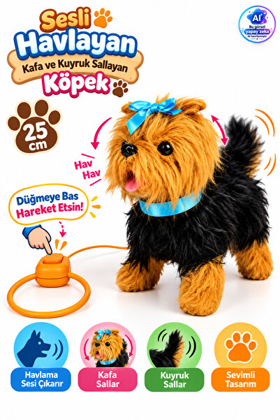 YILDIRIM OYUNCAK Peluş Tasmalı Yürüyen Fiyonklu Köpek 25 cm Sesli Havlayan Ka...