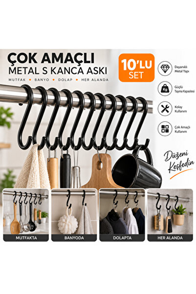 HSY STORE Çok Amaçlı Siyah Metal S Kanca Mutfak, Banyo ve Dolap Askısı (10'lu...